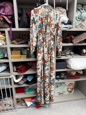 Fashion Nova Cream Floral Maxi Dress with Brown and Blue Flowers